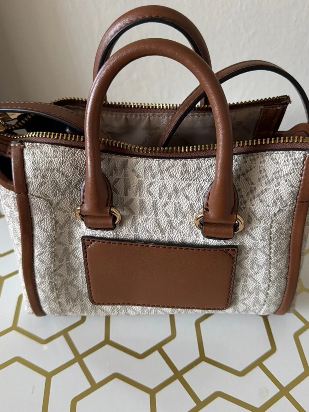Michael Kors Cream Canvas and Brown Leather Satchel